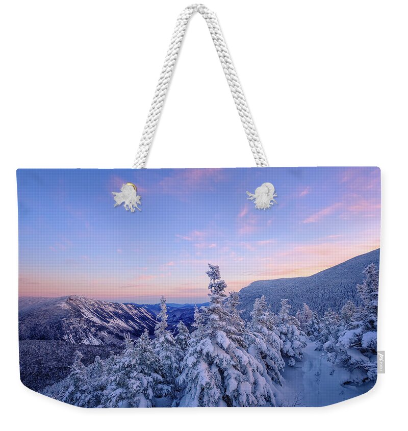 Snow Weekender Tote Bag featuring the photograph Crawford Notch Winter View. by Jeff Sinon