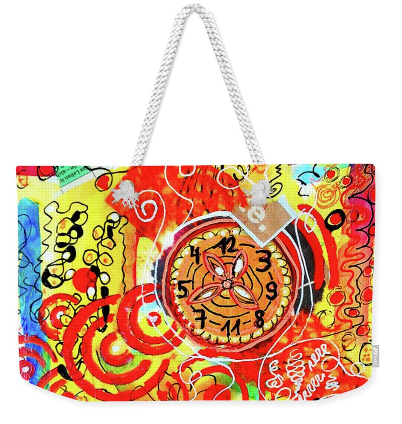 Clock Weekender Tote Bag featuring the mixed media Crazy Time by Mimulux Patricia No