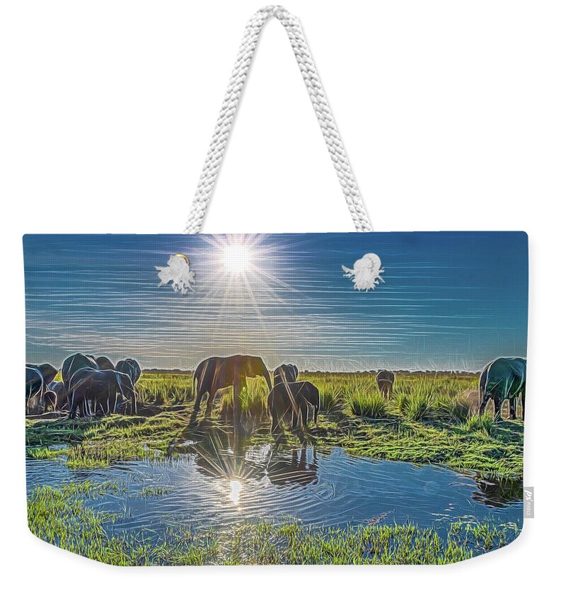 Elephants Weekender Tote Bag featuring the photograph Crossing The Chobe, Stylized Version by Marcy Wielfaert