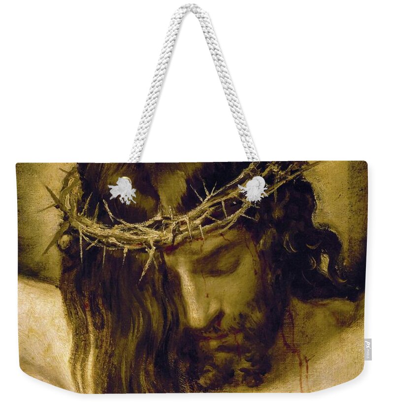 Cristo Crucificado Weekender Tote Bag featuring the painting Crucified Christ -detail of the head-. Cristo crucificado. Madrid, Prado museum. DIEGO VELAZQUEZ . by Diego Velazquez -1599-1660-