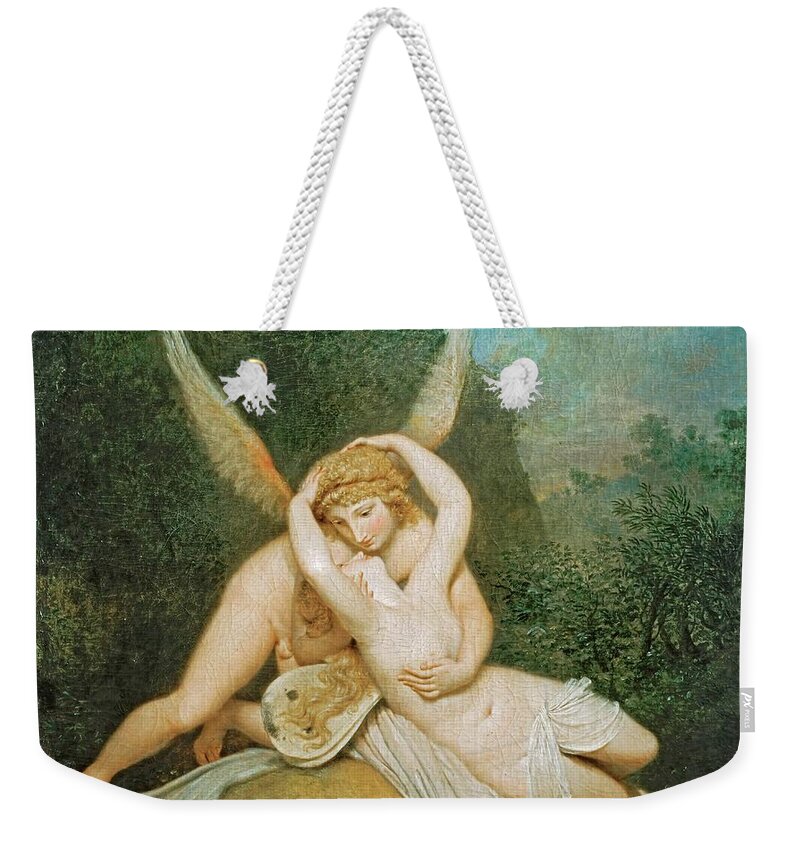 Amoretto Weekender Tote Bag featuring the painting 'Cupid and Psyque', c. 1787-1794, Oil on canvas, 98 x 98 cm. ANTONIO CANOVA . PSYCHE -MYTHOLOGY-. by Antonio Canova -1757-1822-