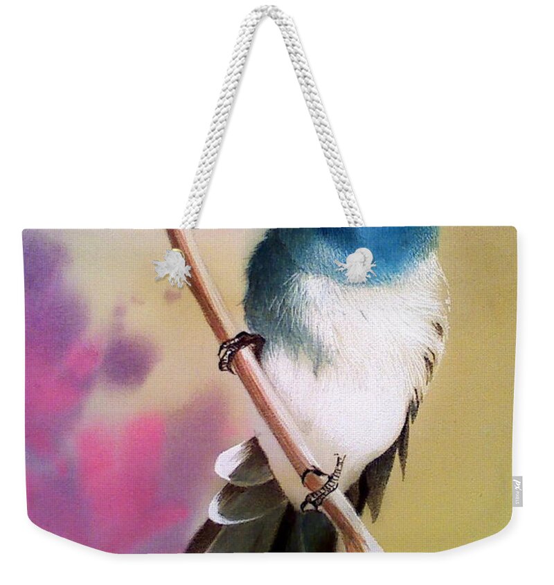 Russian Artists New Wave Weekender Tote Bag featuring the painting Curious Birdie on Branch by Alina Oseeva