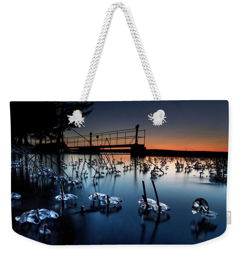 Reed Weekender Tote Bag featuring the photograph Cut River Reedsicles Sunset by Ron Wiltse
