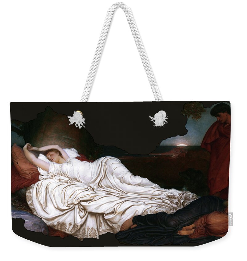 Cymon And Iphigenia Weekender Tote Bag featuring the painting Cymon and Iphigenia by Lord Frederic Leighton by Rolando Burbon