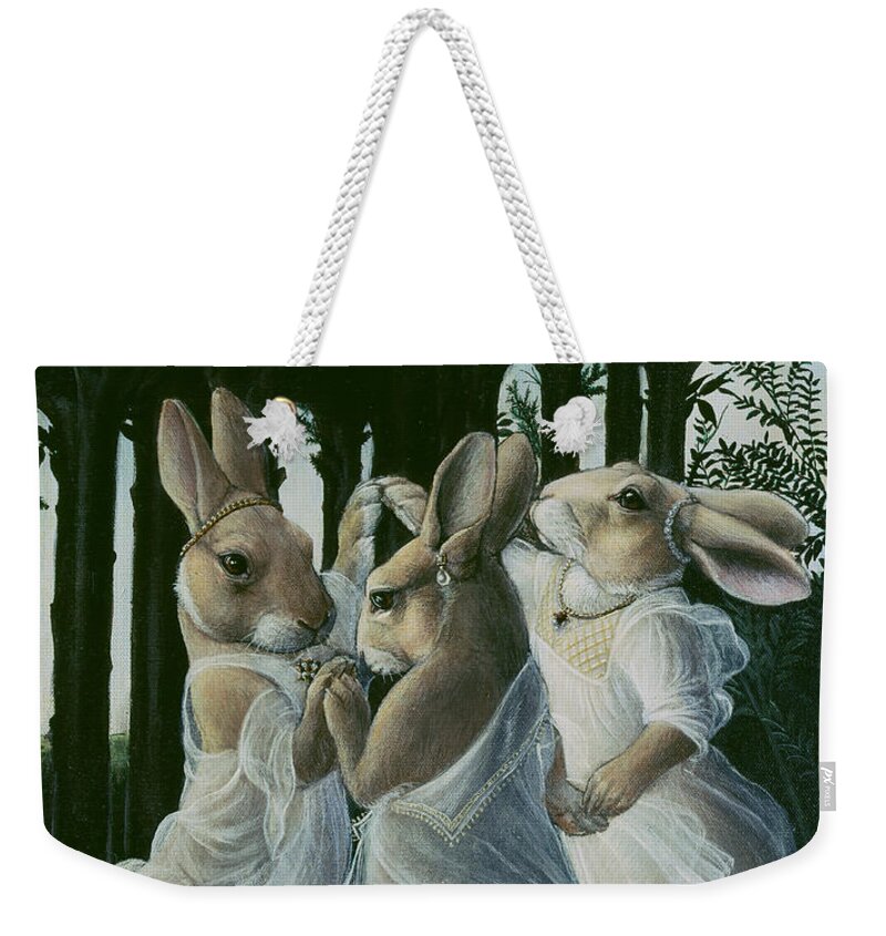 Bunnies Weekender Tote Bag featuring the painting Dancing Graces by Melinda Copper