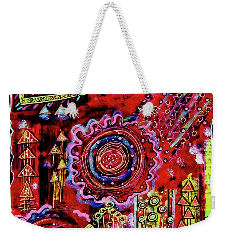 Outsider Art Weekender Tote Bag featuring the mixed media Dancing Particles by Mimulux Patricia No