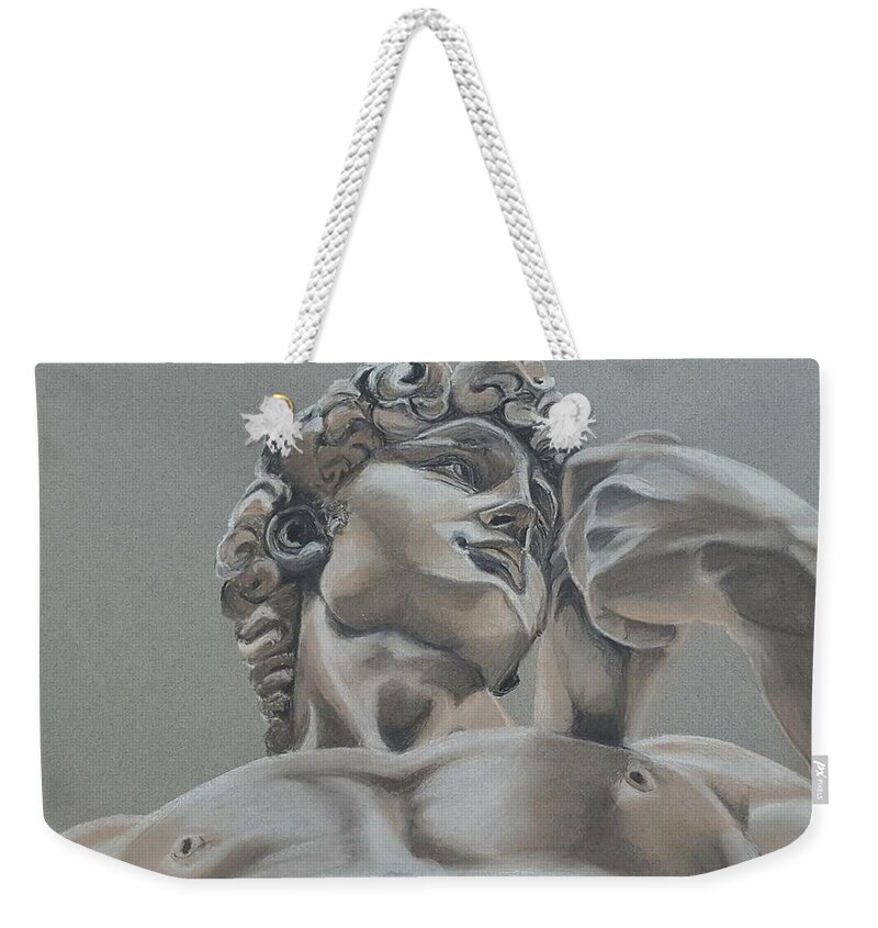 Michaelangelo's David Weekender Tote Bag featuring the drawing David A Foreshortened Perspective by Connie Rish
