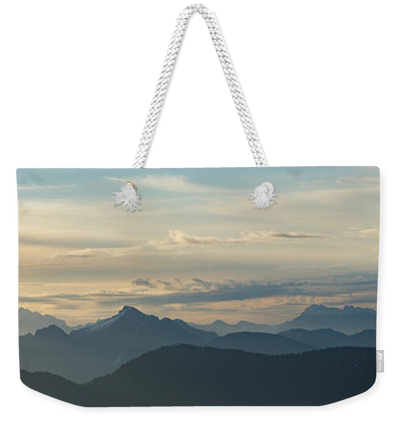 Canada Weekender Tote Bag featuring the photograph View From Mount Seymour at Sunrise Panorama by Rick Deacon