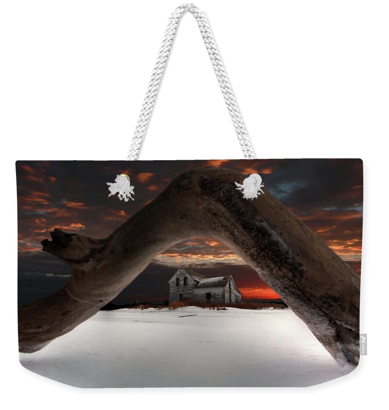 Abandoned Farm Farmstead Deadwood Frozen Tree Ice Snow Winter Cold Blue Scenic Landscape Prairie Winter Freezing Sunset Sunrise Arch Devils Lake Frost Desolate Deserted Weekender Tote Bag featuring the photograph Deadwood Arch Above Abandoned Farm #2 by Peter Herman