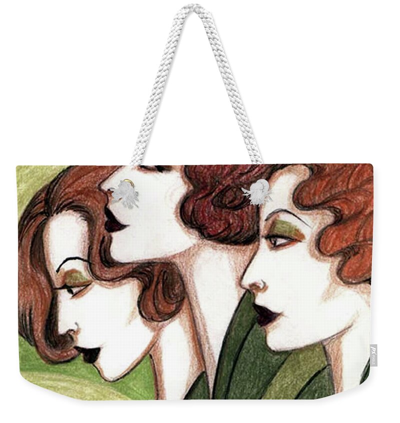 Portrait Weekender Tote Bag featuring the drawing Debutante Trio by Tara Hutton