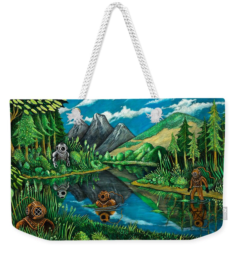 Sea Weekender Tote Bag featuring the painting Deep Sea Climbers by Yom Tov Blumenthal