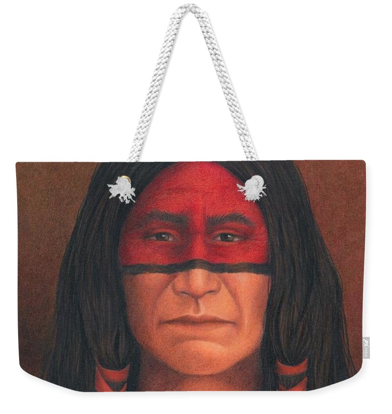 Native American Portrait. American Indian Portrait. Weekender Tote Bag featuring the painting Delaware Warrior by Valerie Evans