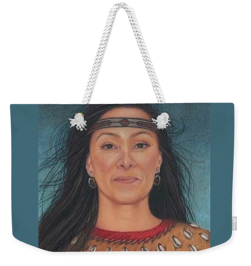 Native American Portrait. American Indian Portrait. Face. Long Dark Hair. Native Indian Dress. Four Directions Earrings. Beaded Headband. Artist Self-portrait Weekender Tote Bag featuring the painting Delaware Woman by Valerie Evans