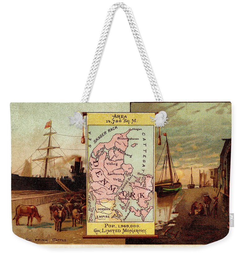 Map Weekender Tote Bag featuring the photograph Denmark Map From 1889 Advertising Card by Phil Cardamone