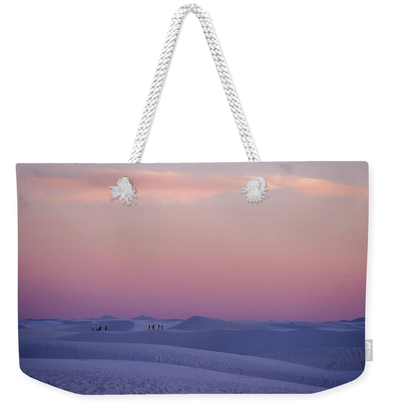 White Sands National Monument Nm Desert Park Dunes Sand Hiking Sunset Pink Purple Cotton Candy Magenta Aqua Weekender Tote Bag featuring the photograph Cotton candy colors at White Sands National Monument New Mexico Sunset by Peter Herman