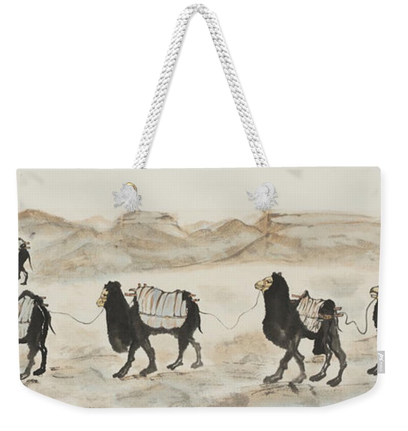 Chinese Watercolor Weekender Tote Bag featuring the painting Camel Caravan Outside the Great Wall by Jenny Sanders