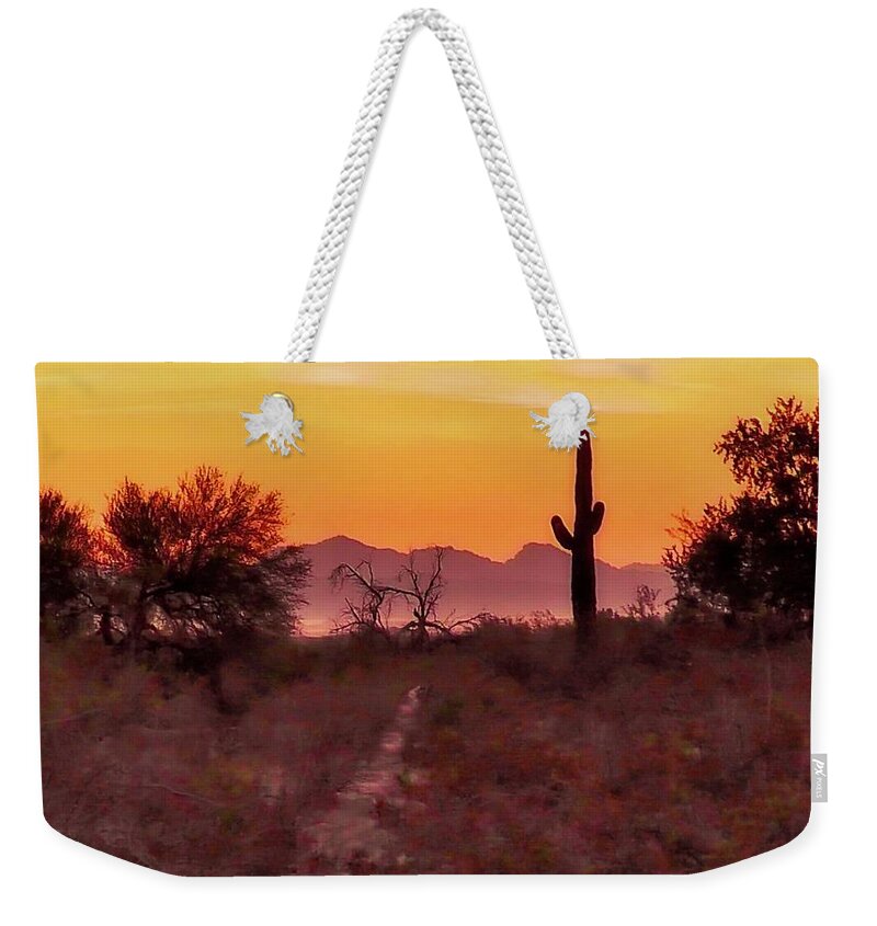 Affordable Weekender Tote Bag featuring the photograph Desert Sunrise Trail by Judy Kennedy