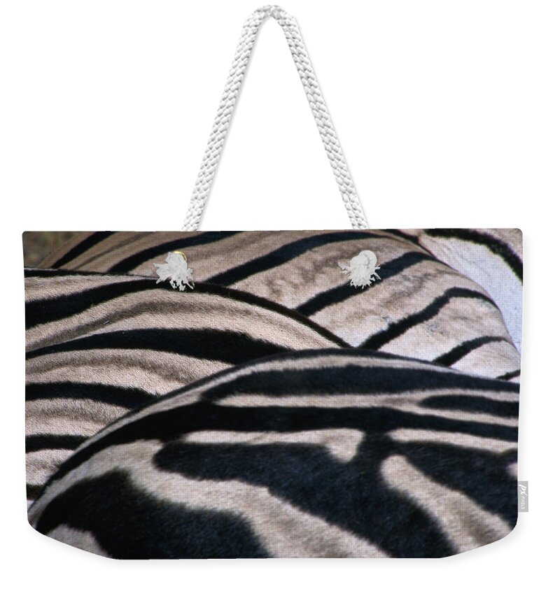 Animal Skin Weekender Tote Bag featuring the photograph Detail Of Burchells Zebra Stripes by Lonely Planet