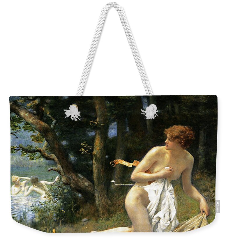 Diana's Maidens Weekender Tote Bag featuring the painting Dianas Maidens by Edward Robert Hughes by Rolando Burbon