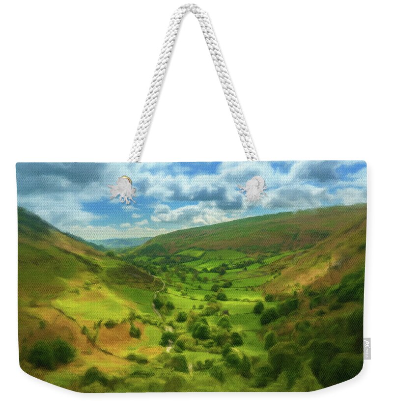 England Weekender Tote Bag featuring the photograph Digital oil painting of the view down valley from top of Pistyll by Steven Heap