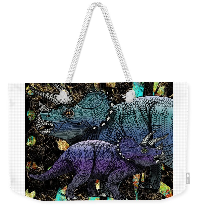 Dinosaur Weekender Tote Bag featuring the digital art Dinosaur Triceratops and calf by Joan Stratton