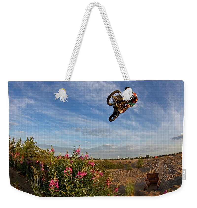 People Weekender Tote Bag featuring the photograph Dirt Bike Whip by Photo By Kevin Klingbeil