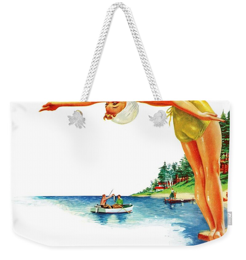 Sun Weekender Tote Bag featuring the drawing Diving In The Lake by Unknown