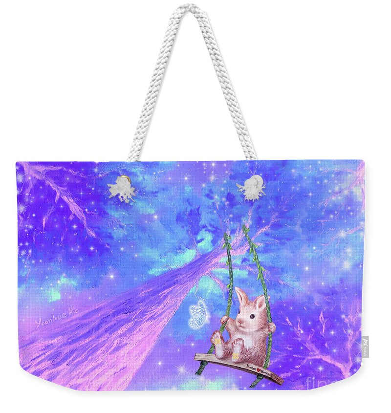Bunny Weekender Tote Bag featuring the mixed media Do Not Fear, Bunny by Yoonhee Ko