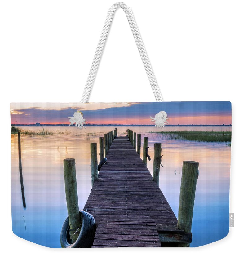 Clouds Weekender Tote Bag featuring the photograph Dock into Dawn in Square by Debra and Dave Vanderlaan