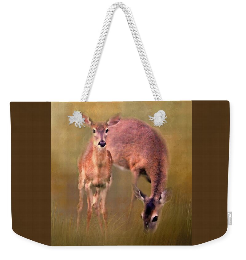 White Tailed Deer Weekender Tote Bag featuring the photograph Doe Mom And Offspring by HH Photography of Florida