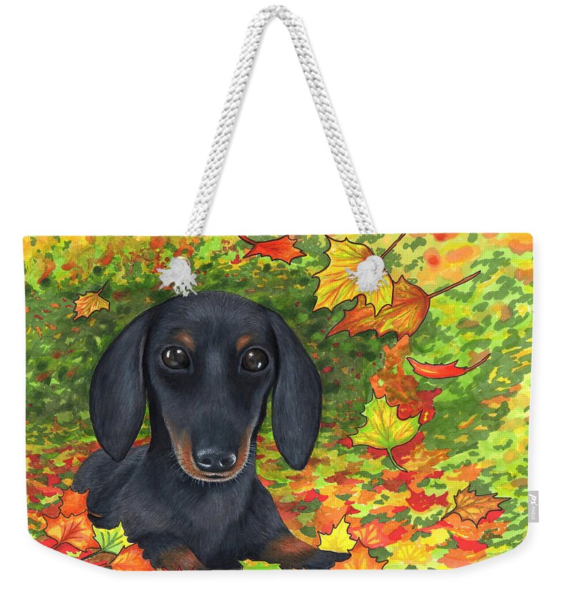 Dog Weekender Tote Bag featuring the painting Dog 142 Dachshund by Lucie Dumas