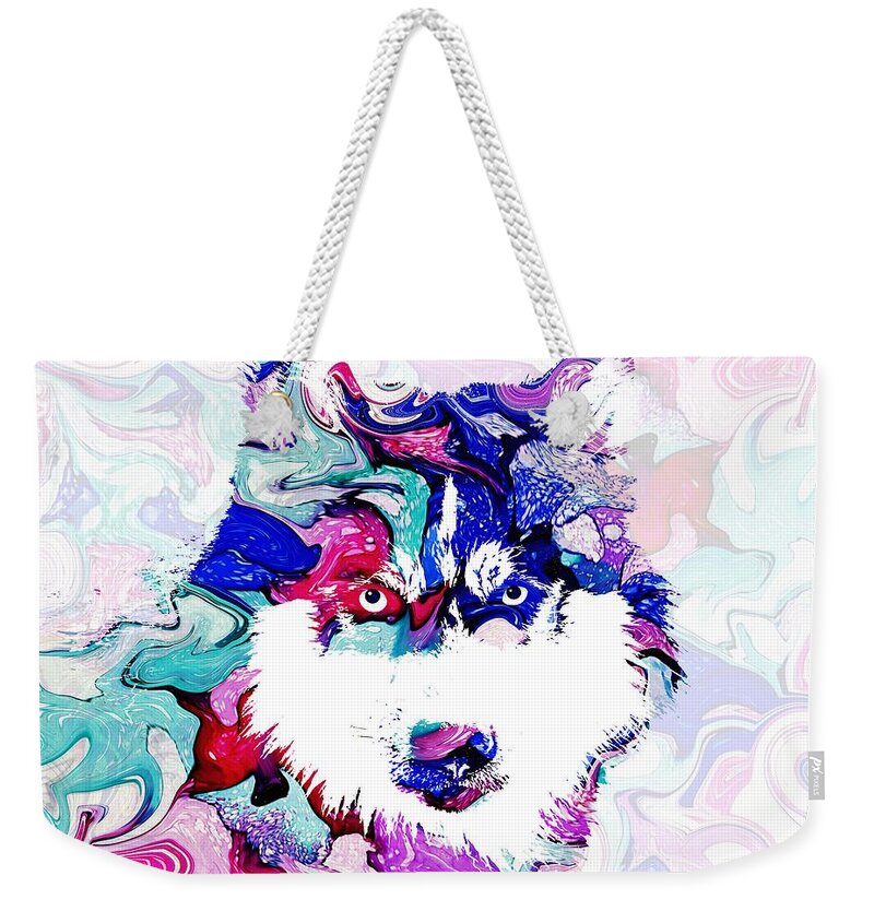 Dog Weekender Tote Bag featuring the mixed media Dog 148 Husky by Lucie Dumas