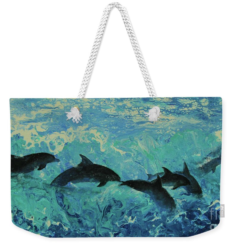 Painting Weekender Tote Bag featuring the painting Dolphins Surf by Jeanette French