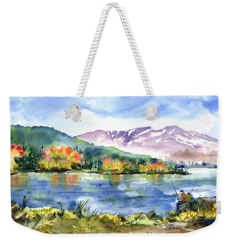 Donner Lake Weekender Tote Bag featuring the painting Donner Lake Fisherman by Joan Chlarson
