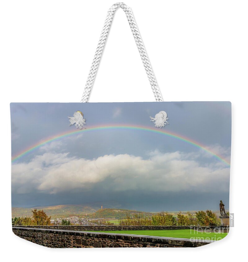 Scotland Weekender Tote Bag featuring the photograph Double Rainbow Over Stirling by Elizabeth Dow