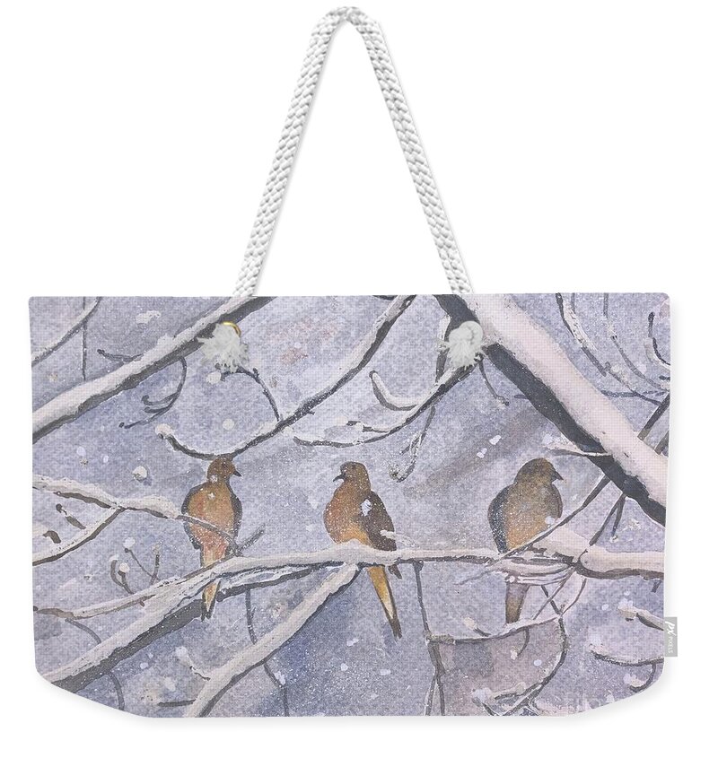 Doves Weekender Tote Bag featuring the painting Doves in Snow by Christine Lathrop
