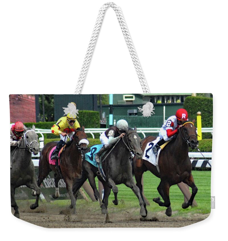 Horses Weekender Tote Bag featuring the photograph Down the Stretch #2 by Jerry Griffin