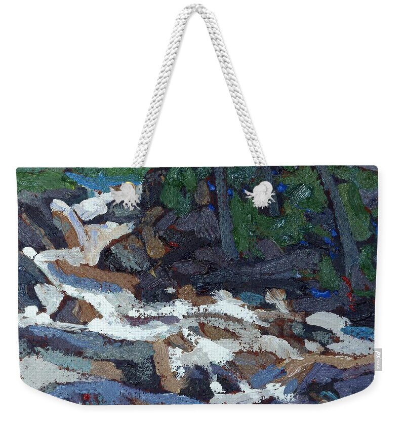 2144 Weekender Tote Bag featuring the painting Downstream from the Grande Chute Ledges by Phil Chadwick