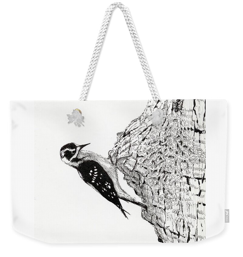 Wildlife Weekender Tote Bag featuring the drawing Downy Woodpecker by Timothy Livingston