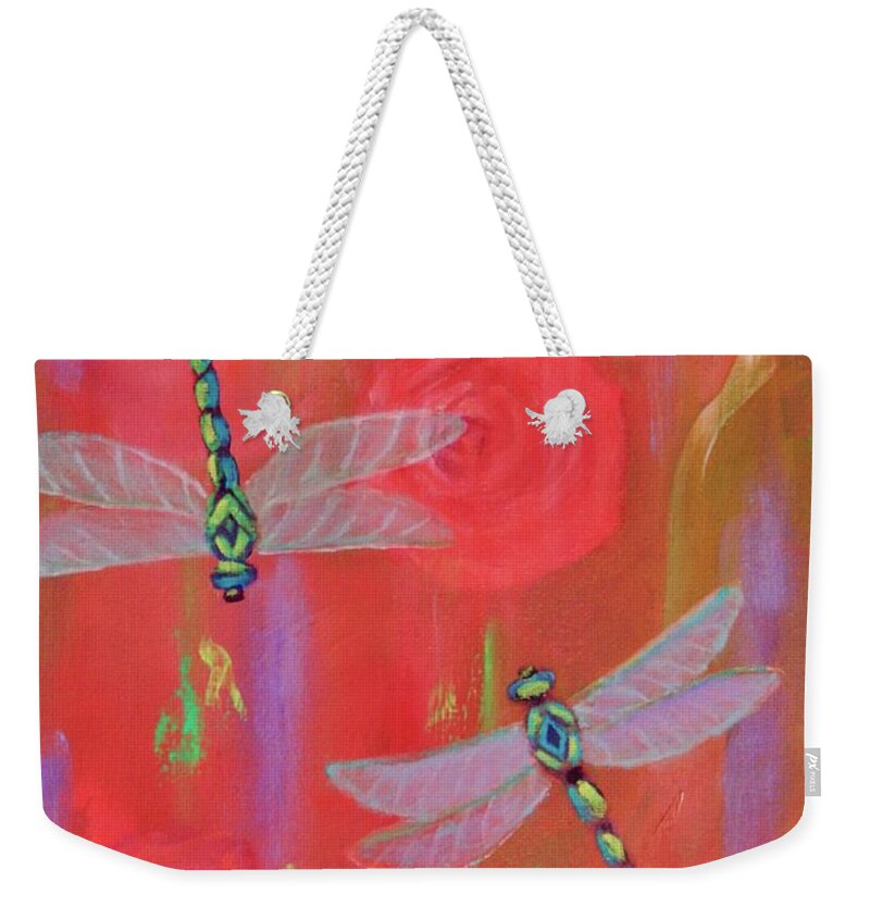 Dragonfly Weekender Tote Bag featuring the painting Dragonfly N Roses by Nataya Crow