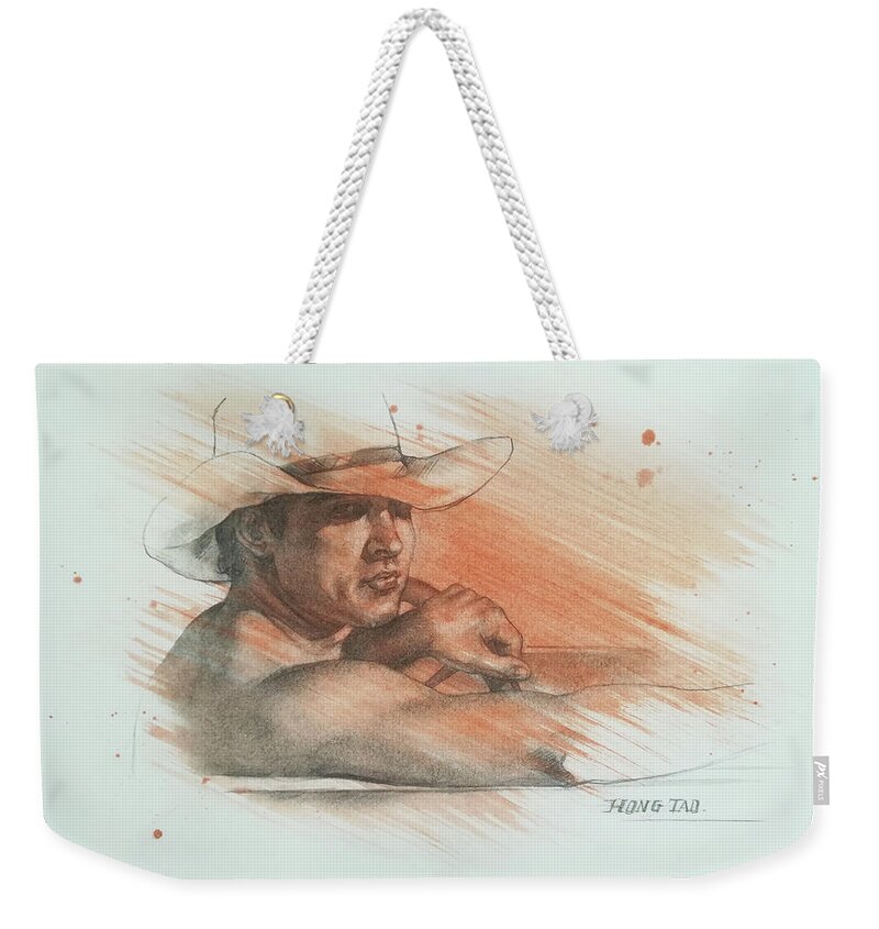 Portrait Weekender Tote Bag featuring the drawing Drawing portrait of cowboy #1913 by Hongtao Huang