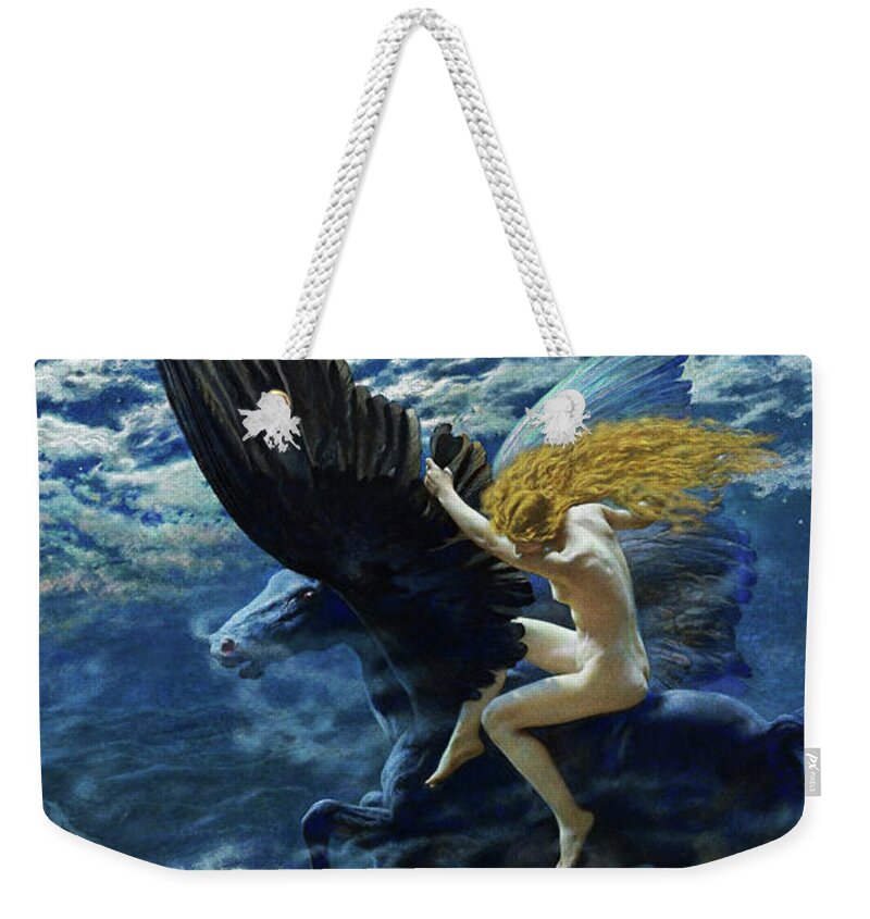 Dream Idyll Weekender Tote Bag featuring the painting Dream Idyll A Valkyrie by Edward Robert Hughes by Rolando Burbon