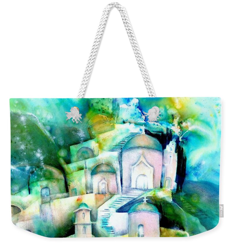 Santorini Weekender Tote Bag featuring the painting Dreaming of Santorini Greece by Sabina Von Arx