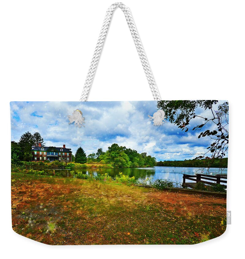 Mansion Weekender Tote Bag featuring the mixed media Dreamy Day on the Lake by Stacie Siemsen