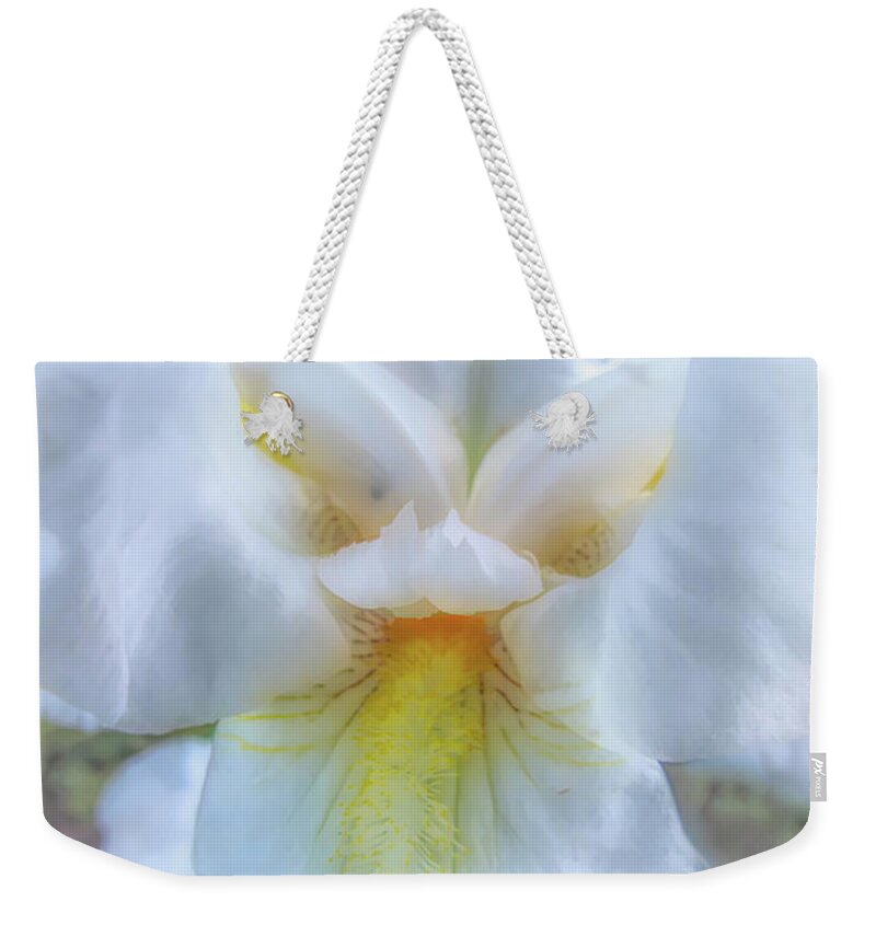 White Weekender Tote Bag featuring the photograph Dreamy White Iris by Amy Dundon