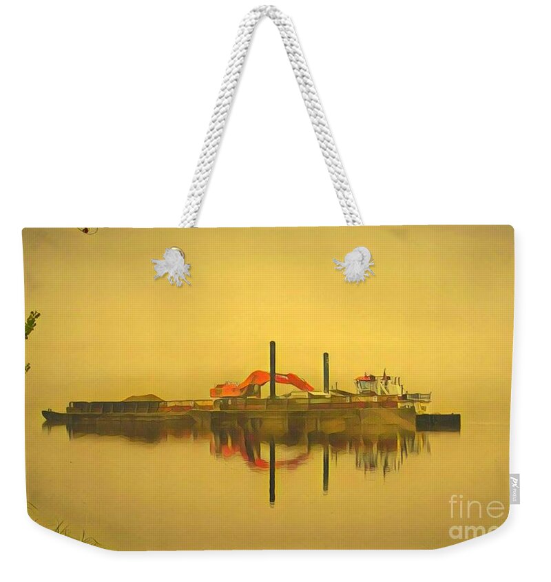 Mississippi River Weekender Tote Bag featuring the painting Dredge in the Early Morning Fog by Marilyn Smith