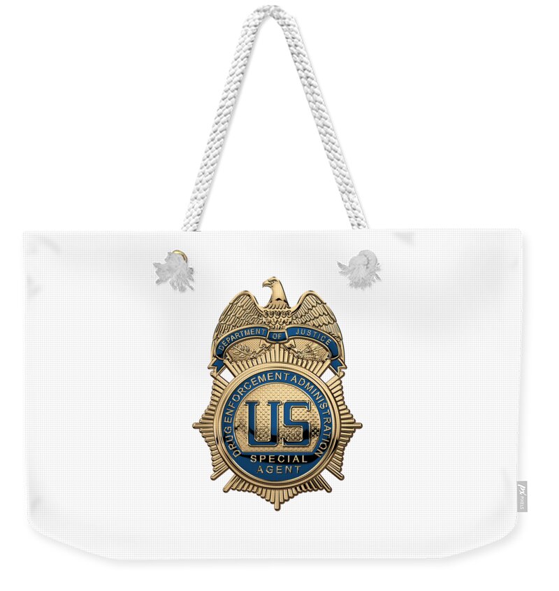  ‘law Enforcement Insignia & Heraldry’ Collection By Serge Averbukh Weekender Tote Bag featuring the digital art Drug Enforcement Administration - D E A Special Agent Badge over White Leather by Serge Averbukh