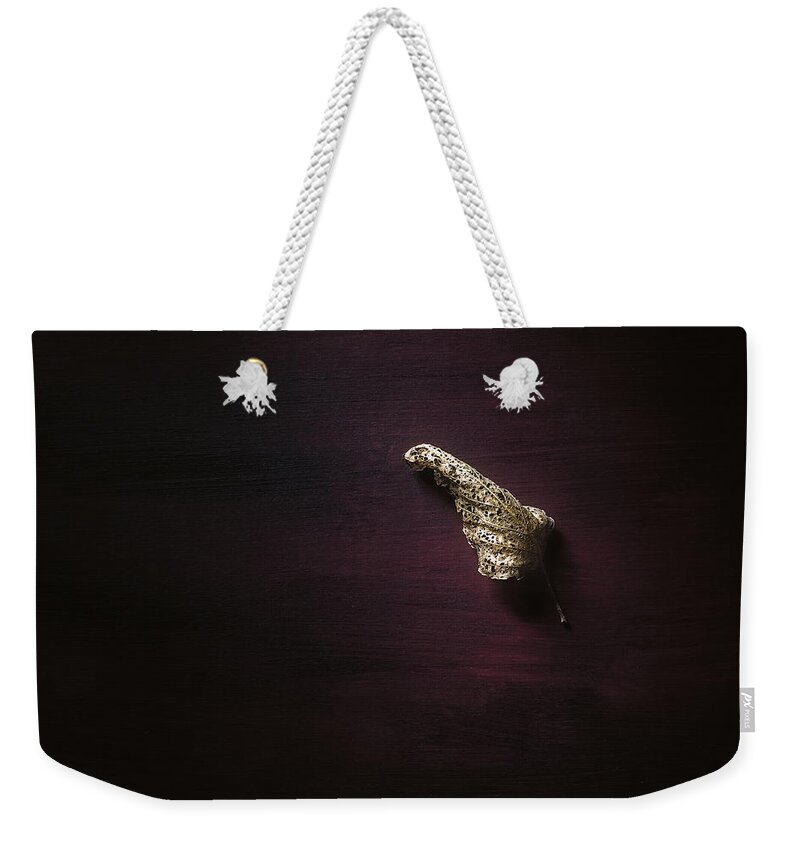 Leaf Weekender Tote Bag featuring the photograph Dry Leaf on Muted Red by Scott Norris