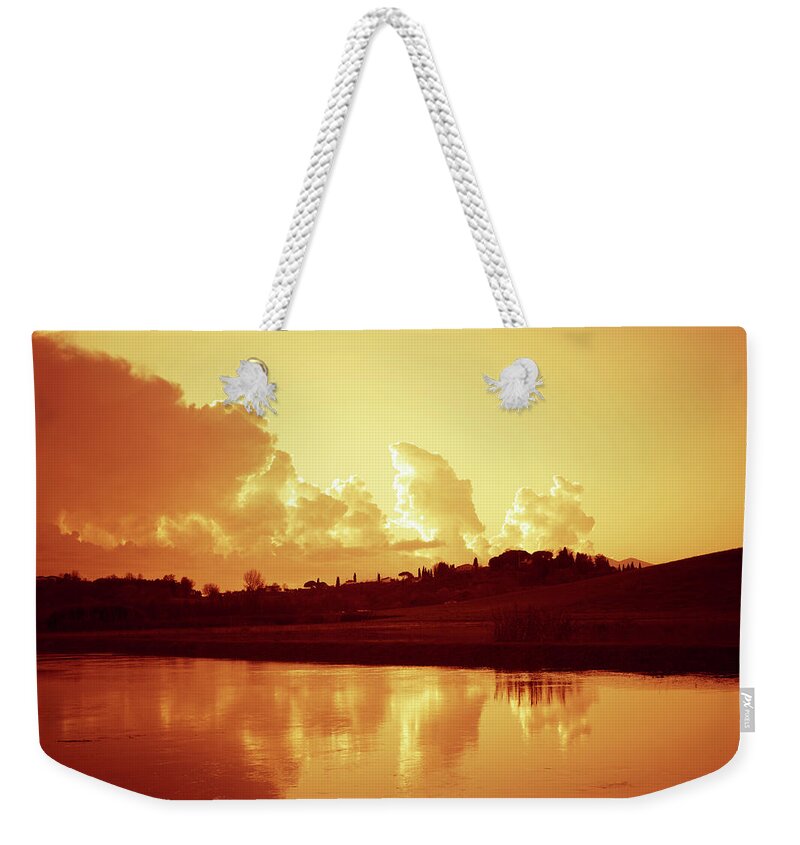 Water's Edge Weekender Tote Bag featuring the photograph Dusk In River - Reflection On The by Franckreporter