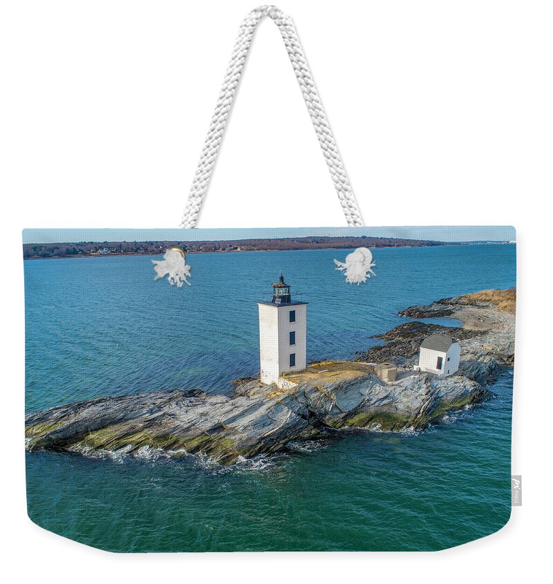 Naragansett Weekender Tote Bag featuring the photograph Dutch Island Lighthouse by Veterans Aerial Media LLC